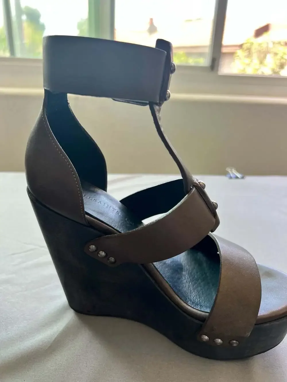 AllSaints Rotchko Brown Leather Studded Platform Wedge Sandals Size EU 36